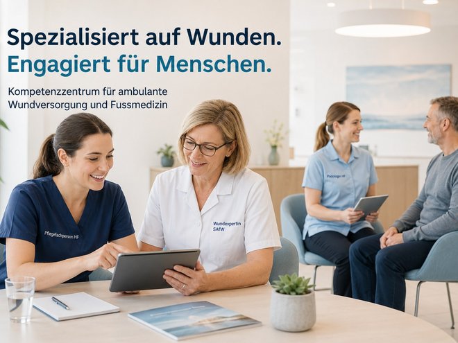 Symbolbild: Wundexpertin, Pflegefachperson und Podologin im Gespräch mit Patienten — mit dem Schriftzug «Spezialisiert auf Wunden. Engagiert für Menschen. Kompetenzzentrum für ambulante Wundversorgung und Fussmedizin»